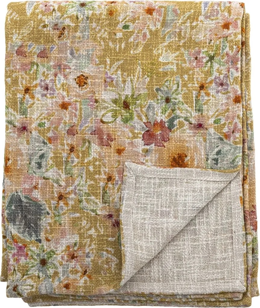 Pătură din bumbac, cu model floral imprimat în galben, verde și roz, „Manoj", 152 x 127 cm
