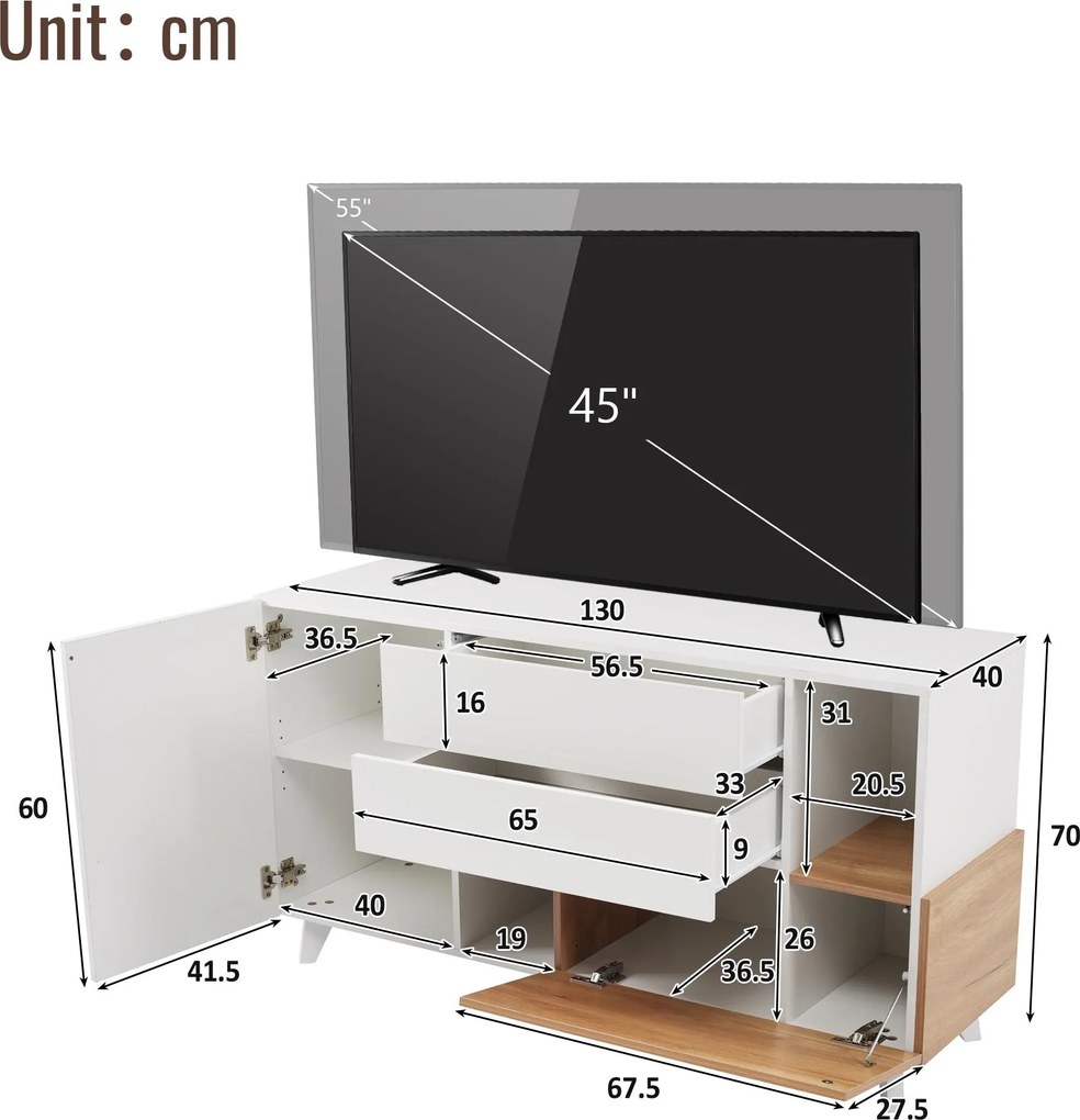 Comodă modernă cu spațiu de depozitare, alb lucios și aspect de lemn, 130x40x70 cm, Alb