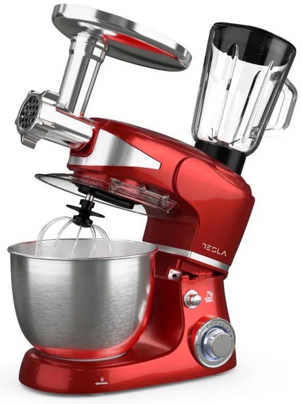 Robot de bucatarie cu bol de otel Tesla KR600RA, 1000W, 5 litri, Blender, Mixer, Masina de tocat carne, Rosu metalic