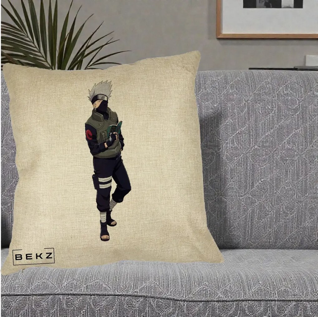 Perna Personalizata Naruto Kakashi Hatake Portret Complet, 40x40 cm, Crem, Husa Detasabila, Perna Inclusa, BEKZ®