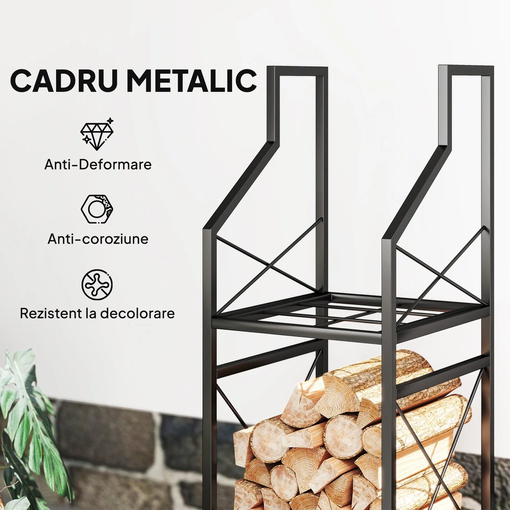 Outsunny Suport de Lemne Exterior a 2 Livelli din Metal cu Bază Ridicată Negru | Aosom Romania