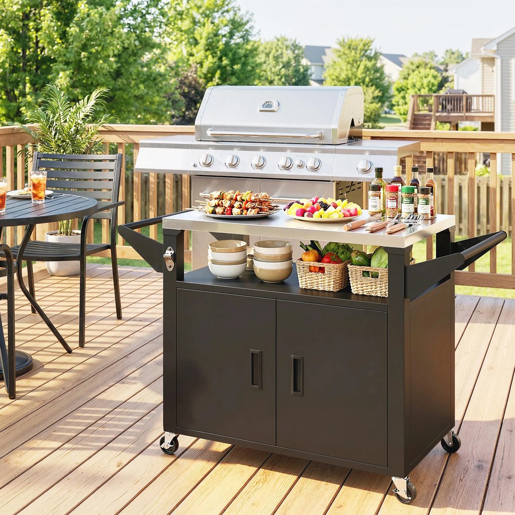 Outsunny Cărucior de bucătărie cu roți, cărucior de servire, cărucior cu dulap, mânere, suprafață din oțel inoxidabil 117 x 55 x 78 cm Negru | Aosom Romania