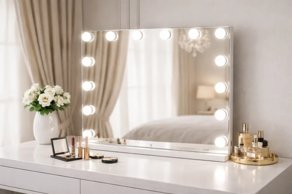 Oglindă cosmetică, sistem iluminare LED cu 3 culori, Senzor Tactil, Luminozitate Reglabilă, Port de încărcare USB, Alb, 80x65 cm