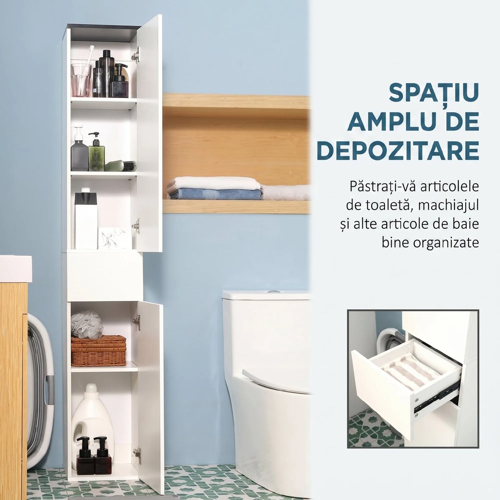 Dulap de Baie Kleankin cu Poliță Reglabilă, 2 Rafturi Închise și Sertar, Economie de Spațiu 30x28x180cm, Alb | Aosom Romania