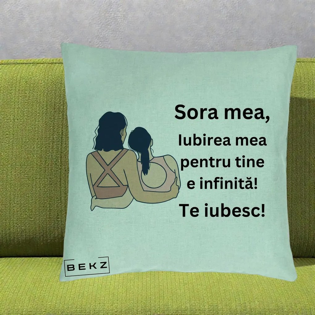 Cadou pentru Sora - Perna Personalizata Sora Mea Te Iubesc Doua Fete Fashioniste Line Art, 40x40 cm, Verde Menta, Husa Detasabila, Perna Inclusa, BEKZ®