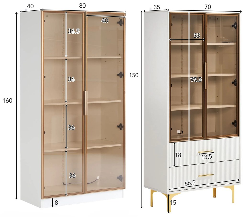 Set de Vitrine Moderne cu Iluminare LED și Rafturi Reglabile, potrivite pentru living, birou, din Sticlă, 80x40x160 cm + 70x35x150 cm, Alb