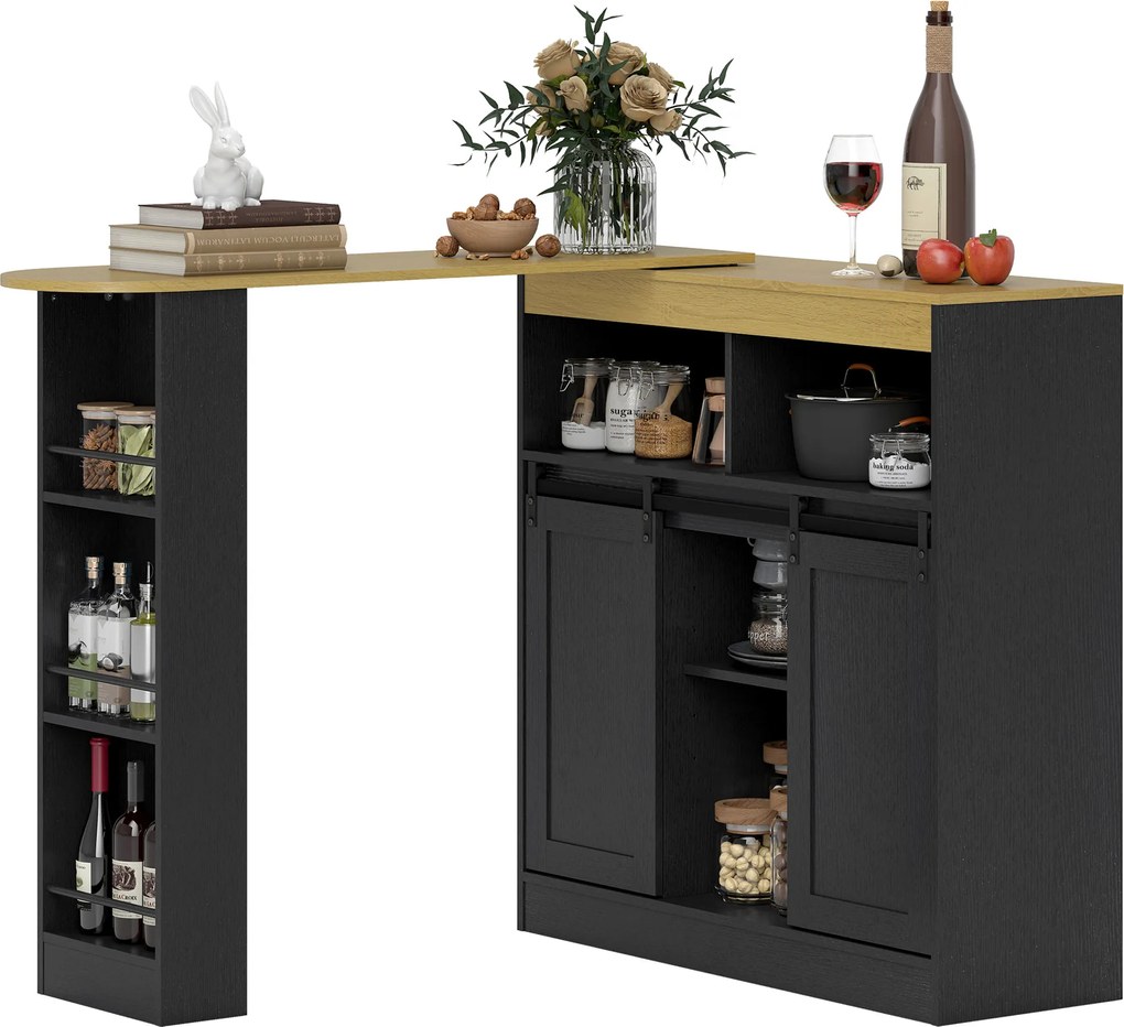HOMCOM Masă de bar extensibilă, transformabilă în formă în L, mult spațiu de depozitare, 3 rafturi reglabile, PAL, MDF, Negru | Aosom Romania