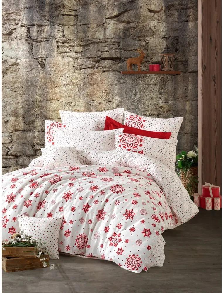 Lenjerie cu cearceaf pentru pat dublu, din bumbac ranforsat Cotton Box Snowflake Red, 200 x 220 cm