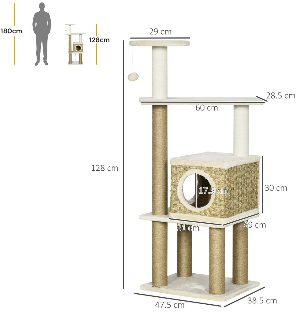 PawHut Arbore pentru pisici zgârduie sisal natural cuib platforme joc bile suspendate pluș scurt înălțime 128 cm bej | Aosom Romania