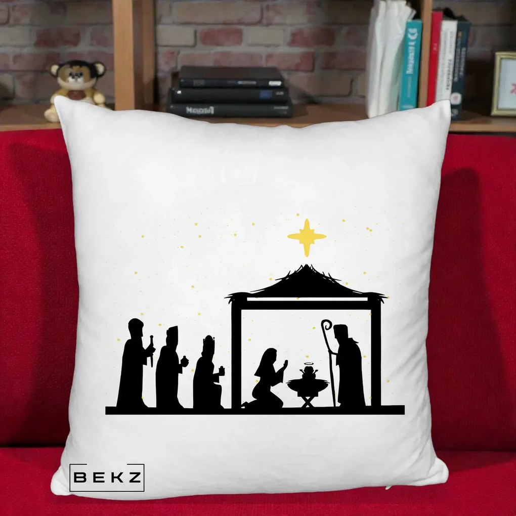 Perna Decorativa Nasterea Pruncului Silueta Neagra si Stea Aurie, 40x40 cm, Alb Pufos, Husa Detasabila, Perna Inclusa, BEKZ®