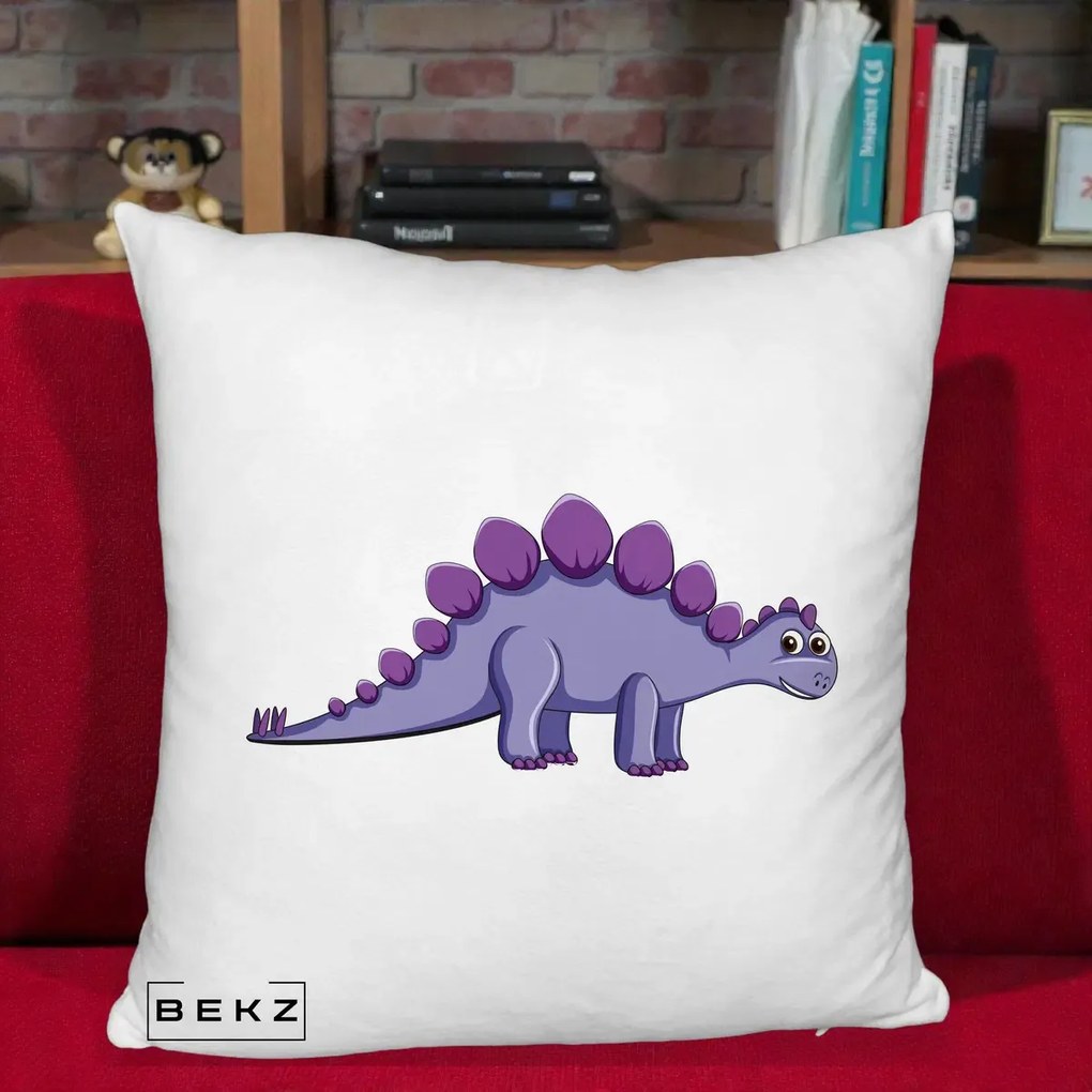 Perna Personalizata Stegozaur Mov, 40x40 cm, Alb Pufos, Husa Detasabila, Perna Inclusa, BEKZ®