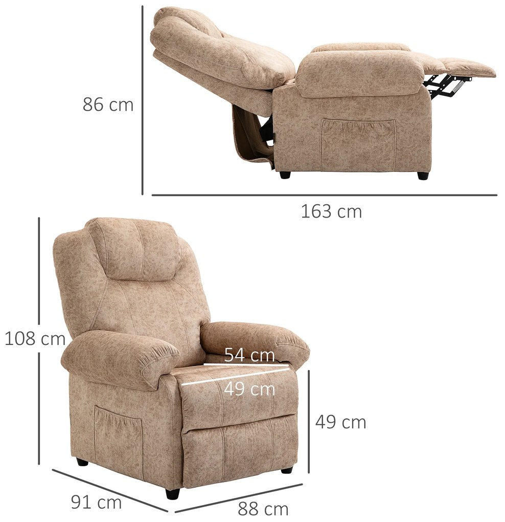 HOMCOM Fotoliu cu Înclinare Manuală Tapițat din Catifea Căptușită cu Suport Retractabil pentru Picioare și Buzunare Laterale, 88x91x108 cm, Bej | Aosom Romania
