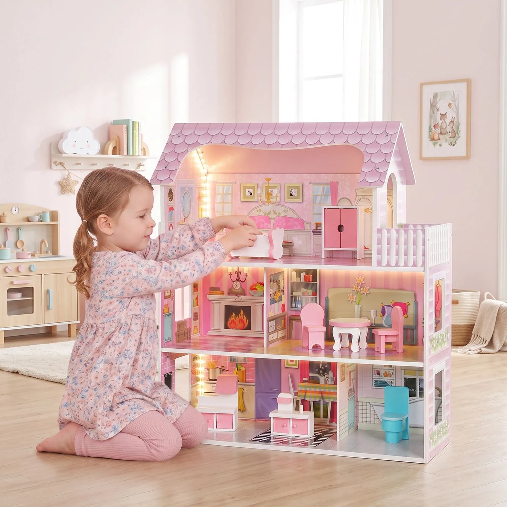 AIYAPLAY Casă de păpuși din lemn pentru copii, 3 niveluri, cu bandă LED DIY, 8 piese de mobilier, 6 camere, 3-6 ani, roz | Aosom Romania