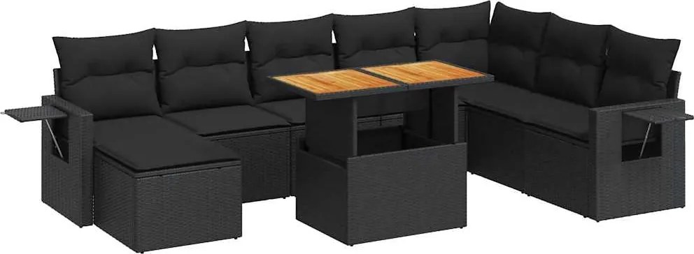 vidaXL Set mobilier de grădină cu perne, 9 piese, negru, poliratan