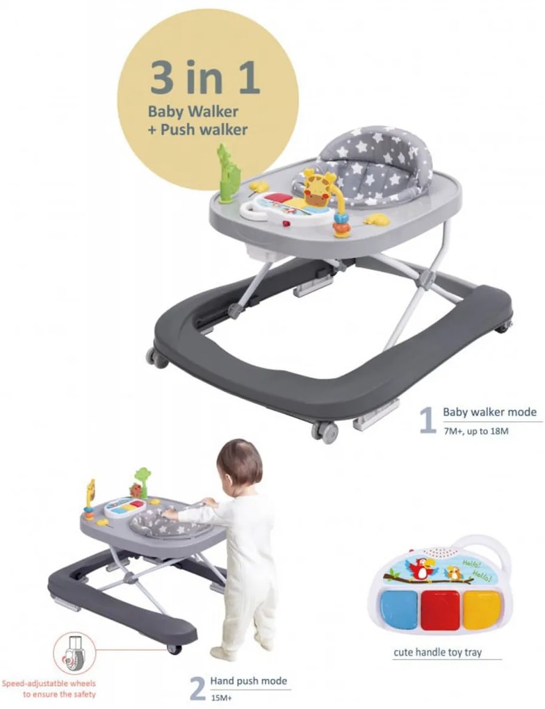 Premergator Premium 2 in 1 NOVOKIDS™ Little Giraffe Walker, Reglabil in 3 trepte de inaltime, Transformabil in antemergator, Roti silentioase, Cu