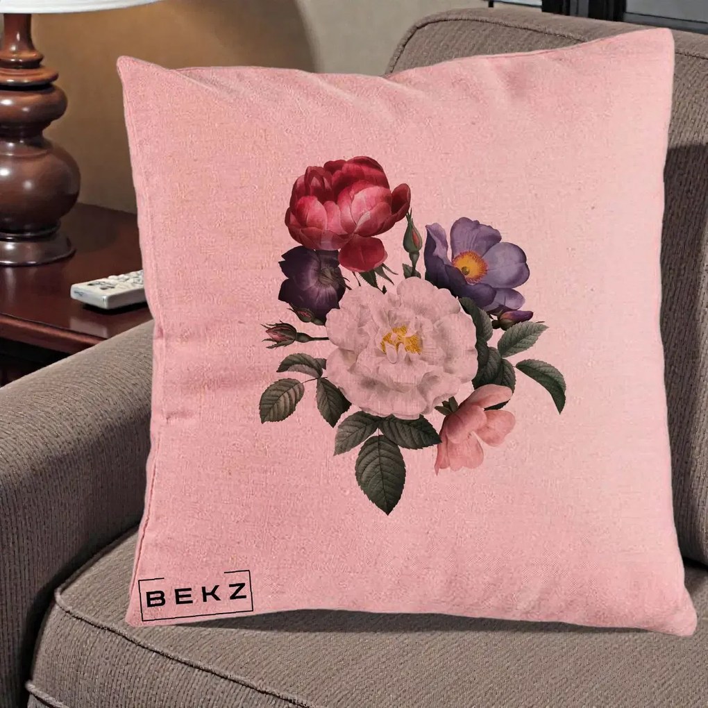Perna Decorativa Buchet Trandafiri Bujori Botanical, 40x40 cm, Roz, Husa Detasabila, Perna Inclusa, BEKZ®
