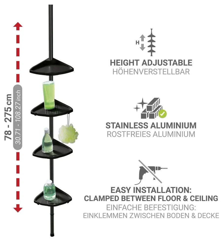 Raft pentru baie negru telescopic, pentru colț din plastic Compact – Wenko