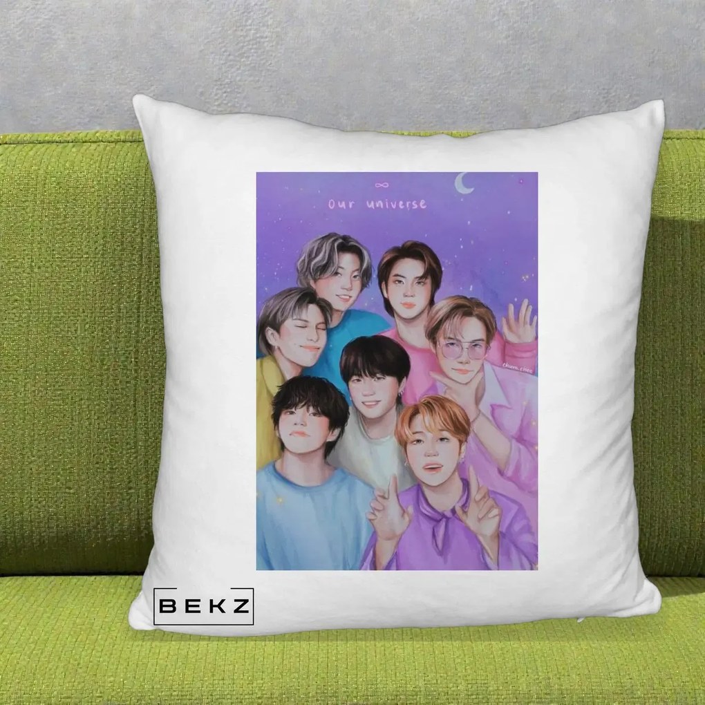 Perna Personalizata K-pop BTS Our Universe Fanart Violet Pastel, 40x40 cm, Alb Pufos, Husa Detasabila, Perna Inclusa, BEKZ®