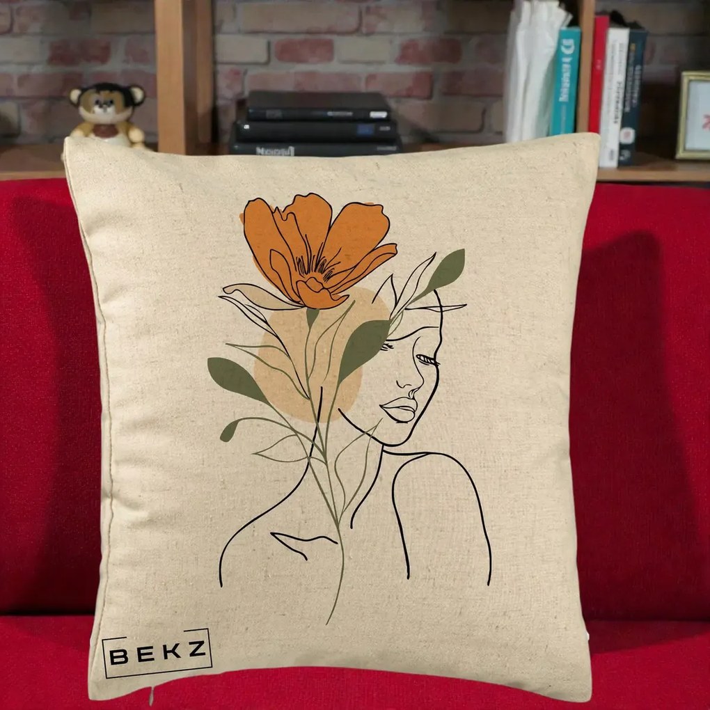 Perna Decorativa Portret Feminin Floare Portocalie, 40x40 cm, Bej, Husa Detasabila, Perna Inclusa, BEKZ®