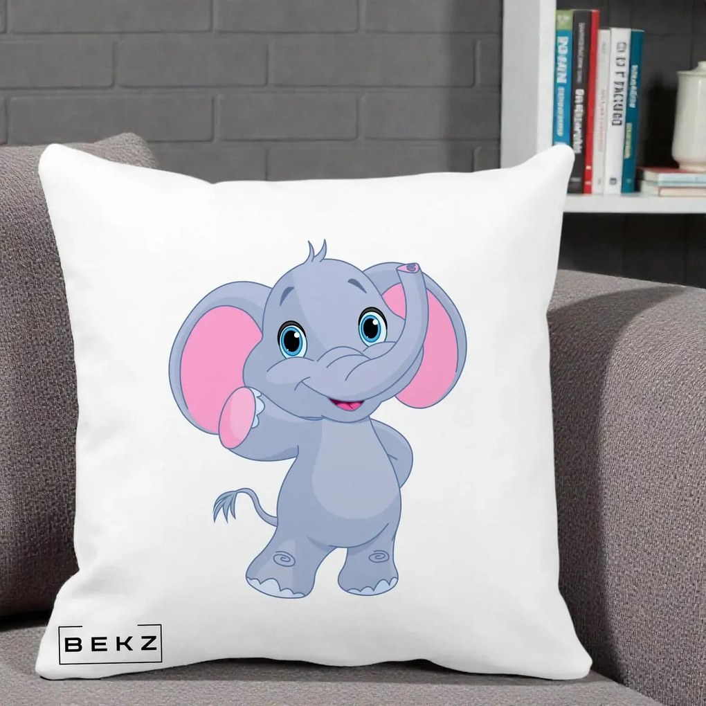 Perna Decorativa Pui de Elefant Kawaii, 40x40 cm, Alba Mata, Husa Detasabila, Perna Inclusa, BEKZ®