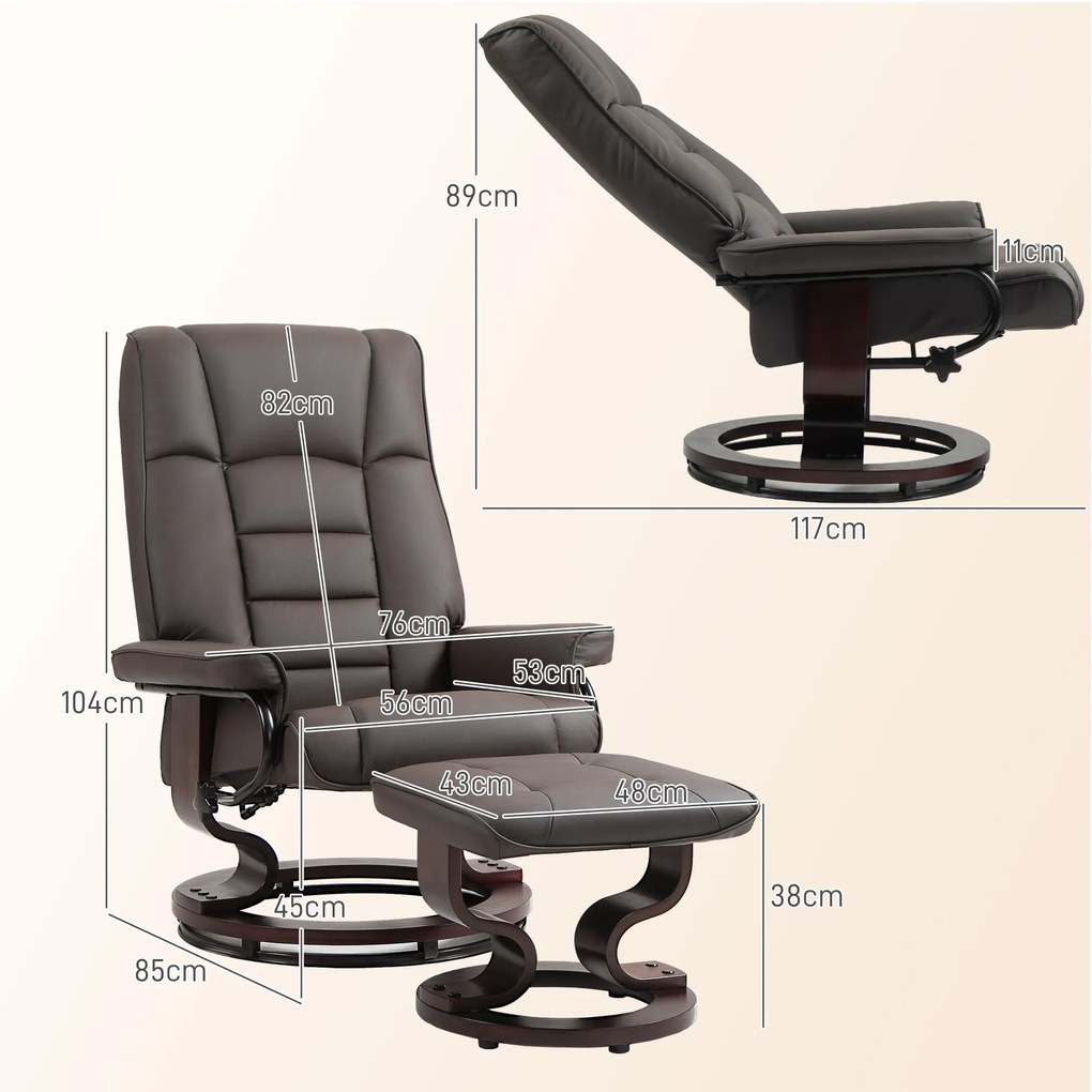 HOMCOM Fotoliu de relaxare cu taburet, rotativ & inalt reglabil, piele ecologică, până la 150 kg, cadru din lemn, Maro | Aosom Romania