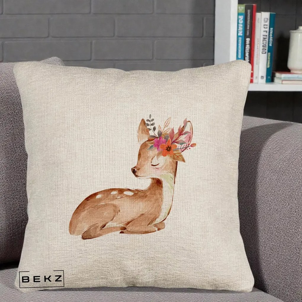 Perna Decorativa Caprioara cu Flori in Coama, 40x40 cm, Bej Canapea, Husa Detasabila, Perna Inclusa, BEKZ®