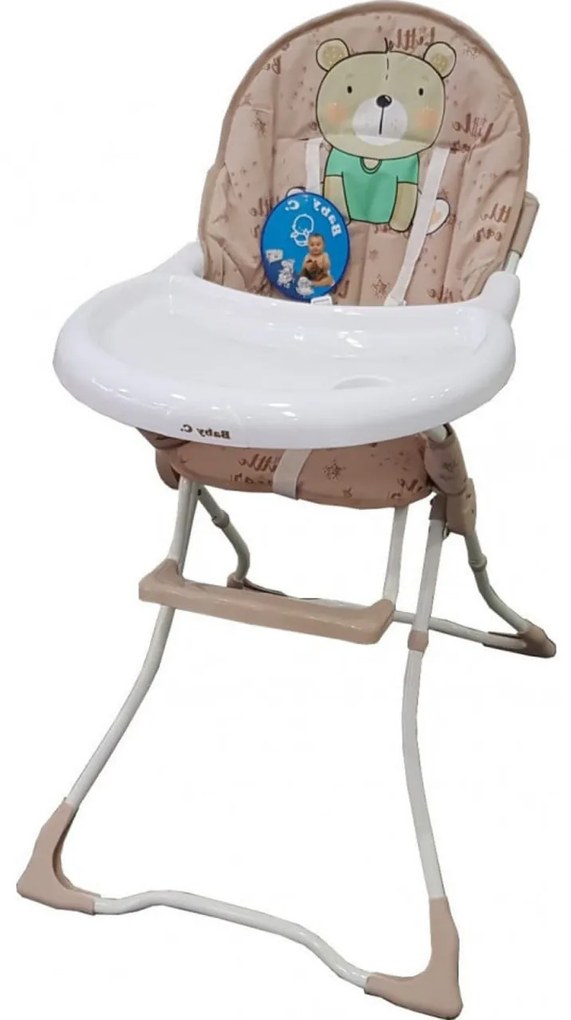 Scaun de masa pentru copii si bebe Baby Care™ CH ,Pliabil, Centura de siguranta, Sezut comfortabil, Masuta detasabila, Model Ursulet , Beige