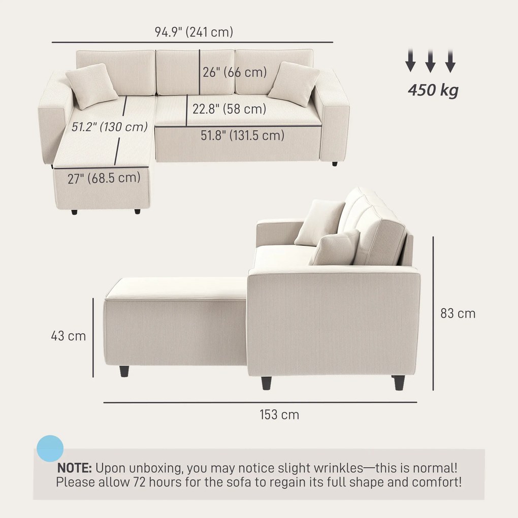 Canapea HOMCOM catifea crem, 3 locuri | Aosom Romania