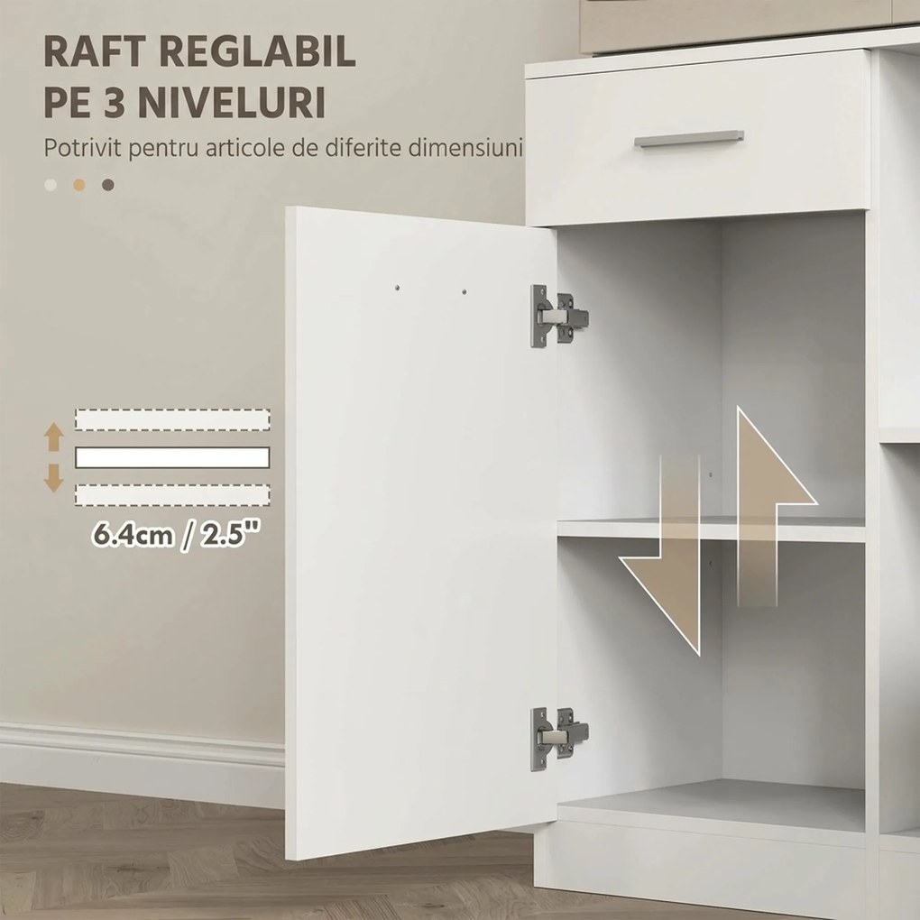 HOMCOM Dulap Înalt pentru Bucătărie cu Sertar, 4 Dulapuri și 3 Spații Deschise, 80x35x180 cm, Alb | Aosom Romania