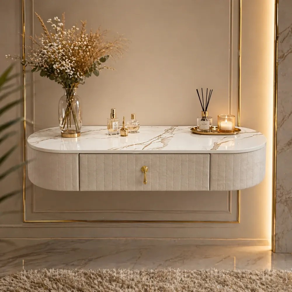 Set SARAH, Masă de toaletă pentru machiaj cu oglindă iluminată LED, control touch, sertar, taburet, 100x40x76 cm, Bej/Auriu