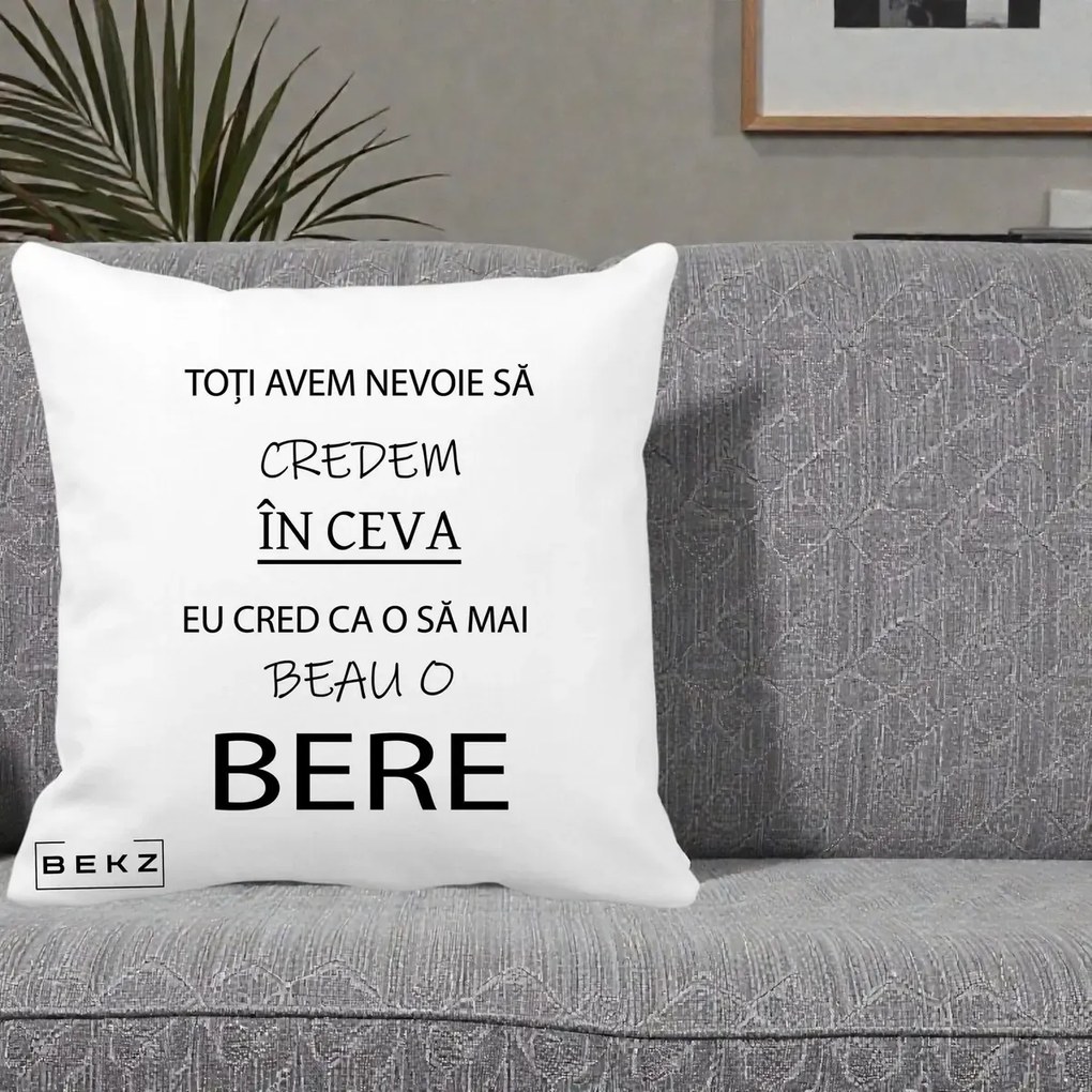 Perna Decorativa Eu Cred ca mai Beau o Bere, 40x40 cm, Alba Mata, Husa Detasabila, Perna Inclusa, BEKZ®