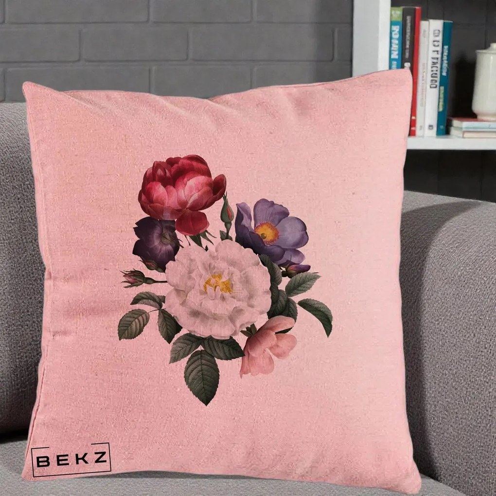 Perna Decorativa Buchet Trandafiri Bujori Botanical, 40x40 cm, Roz, Husa Detasabila, Perna Inclusa, BEKZ®