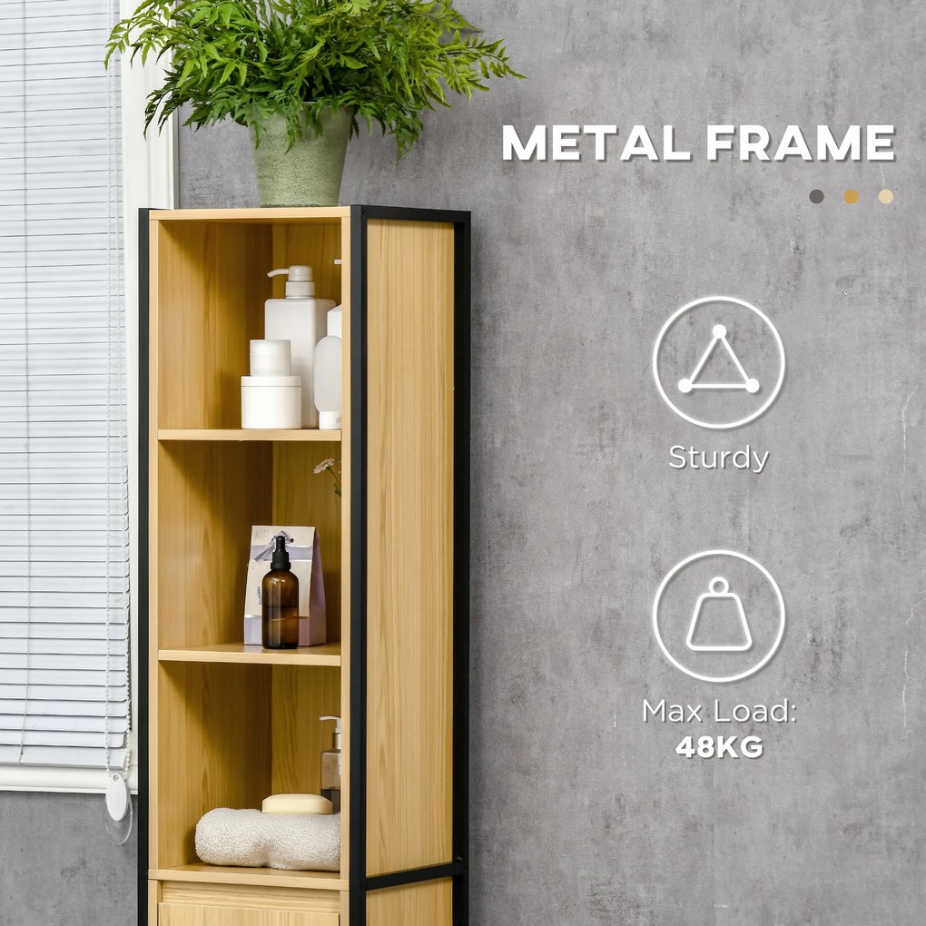 Kleankin Dulap Înalt de Baie Multifuncțional, Design Modern Negru și Natural | Aosom Romania