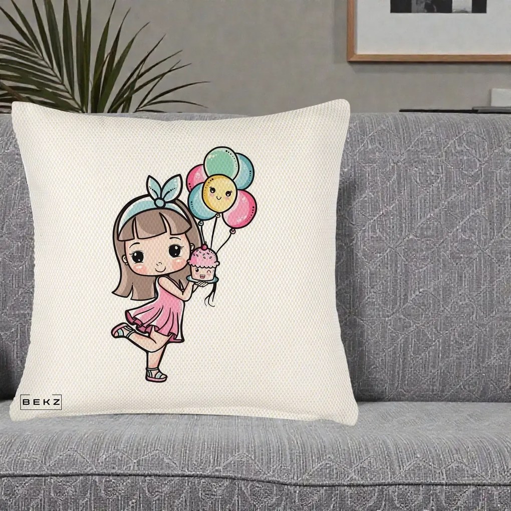 Perna Decorativa Fetita Kawaii cu Baloane si Cupcake, 40x40 cm, Crem Reliefat, Husa Detasabila, Perna Inclusa, BEKZ®