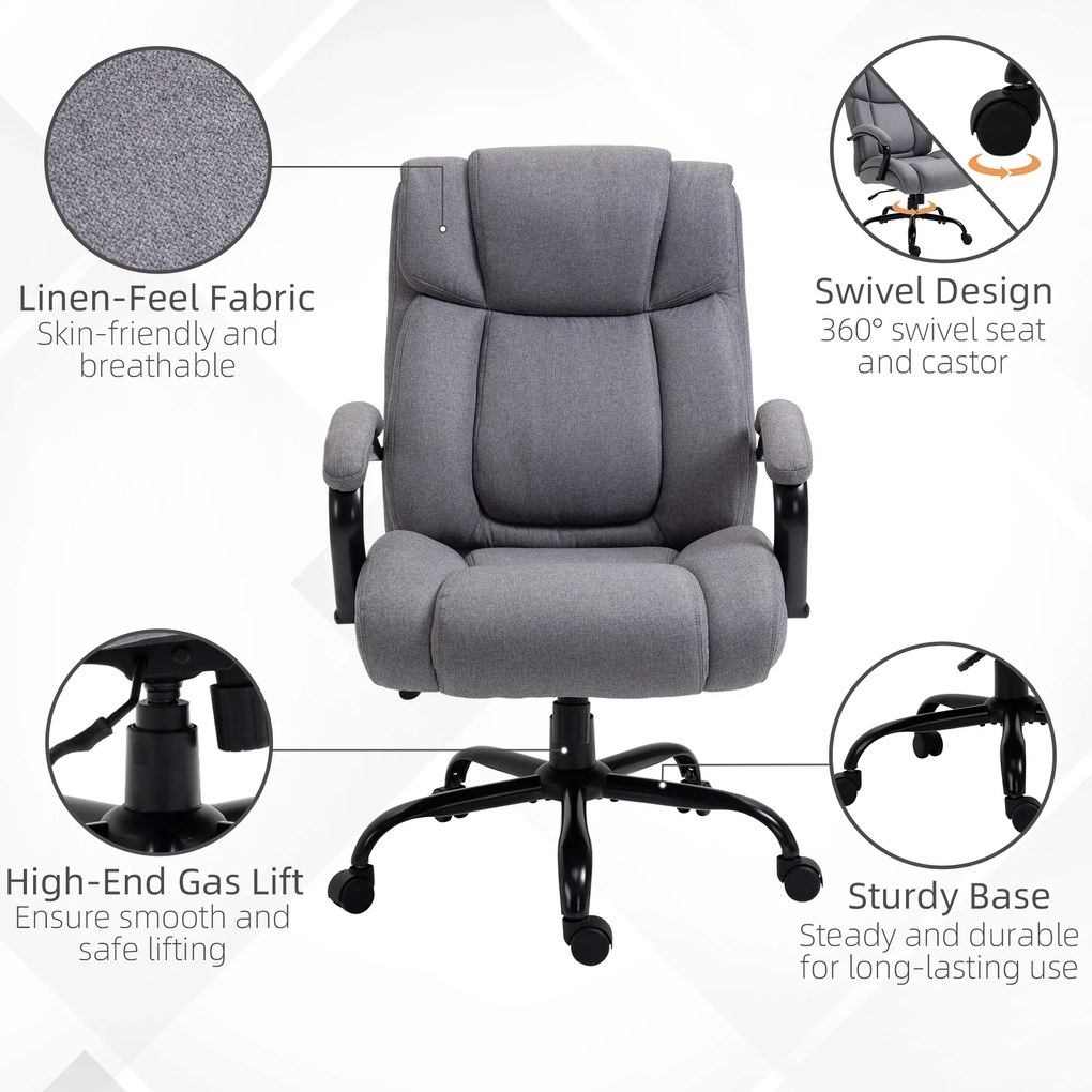 Vinsetto Scaun de birou, Scaun de șef ergonomic, Scaun de birou căptușit cu brațe, Scaun rotativ cu înălțime reglabilă și funcție de legănare, aspect de in, rezistent până la 220 kg, Gri deschis | Aosom Romania