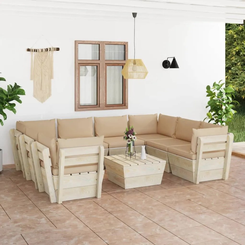 Set mobilier gradina paleti, 9 piese, cu perne, lemn de molid