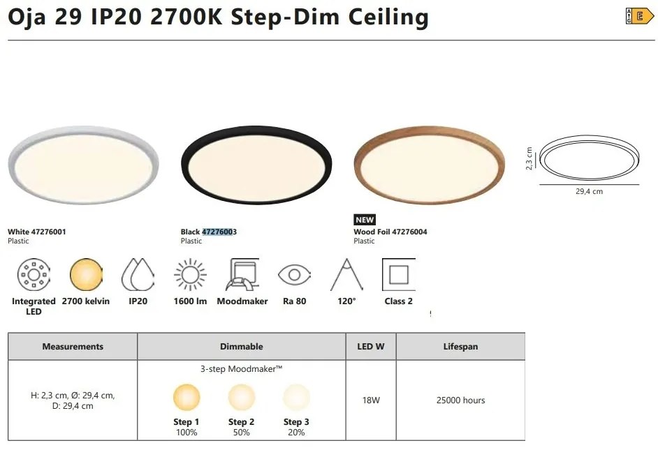 Plafoniera slim LED 2700K 3-step MOODMAKER Oja 29 negru