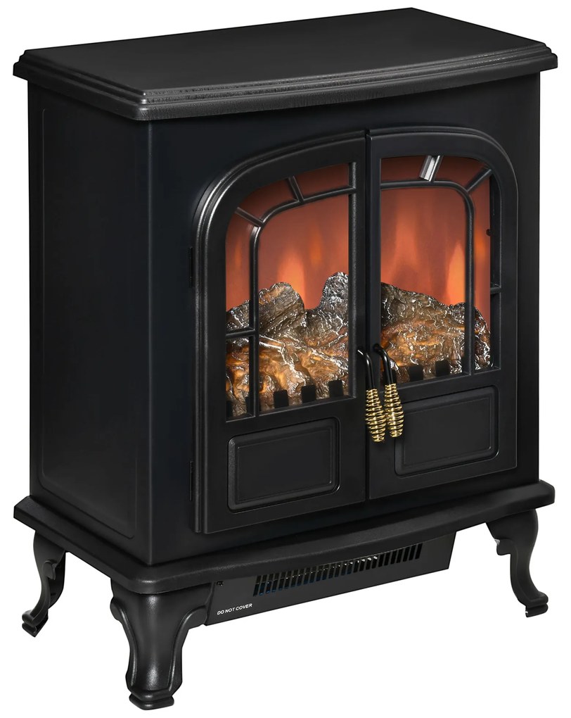 HOMCOM Șemineu electric tip sobă stil neo-retro 2 Uși Sticlă securizată 1000/2000 W LED luminozitate reglabilă Oțel ABS Negru | Aosom Romania