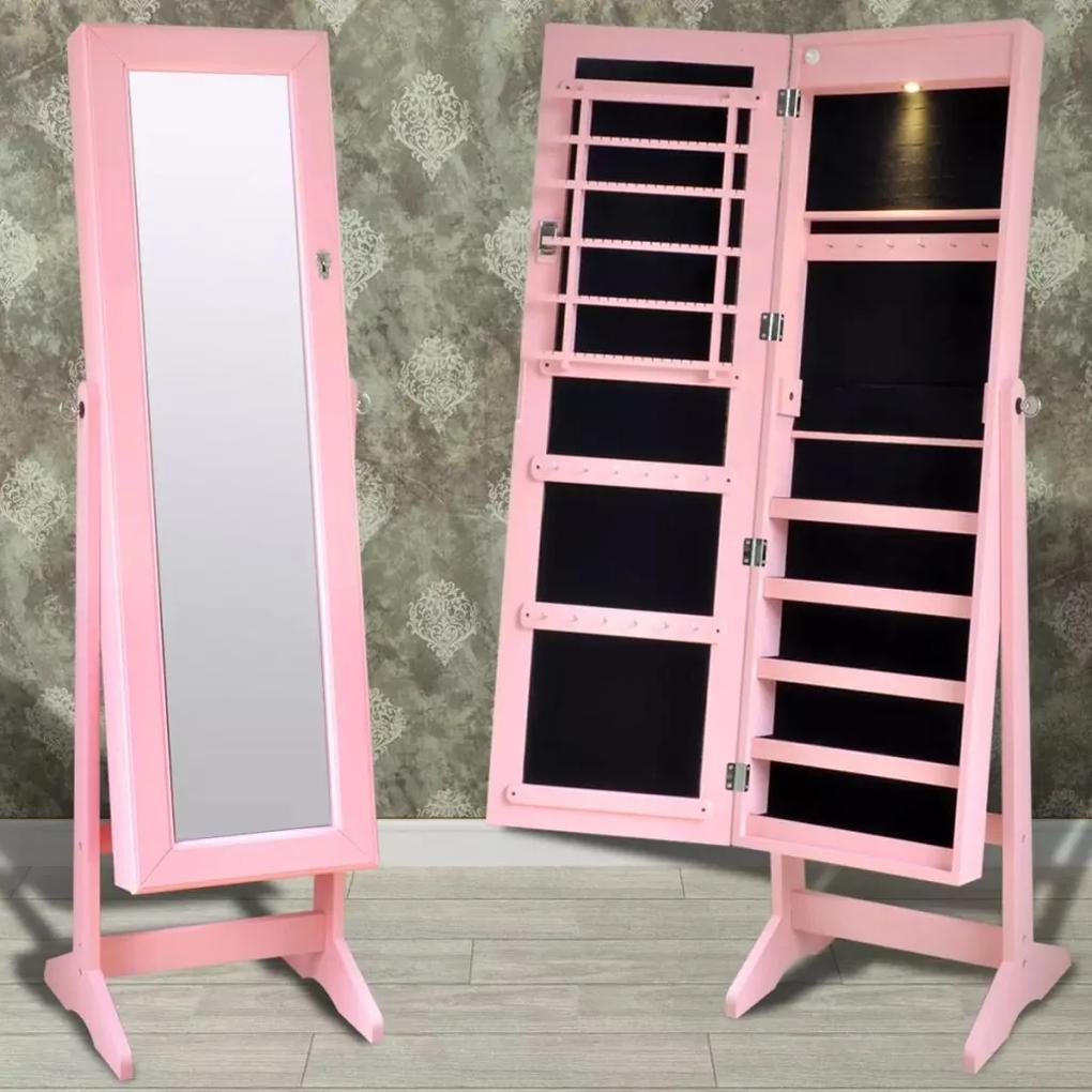 241288 vidaXL Cabinet roz pentru bijuterii cu suport, oglindă și lampă LED