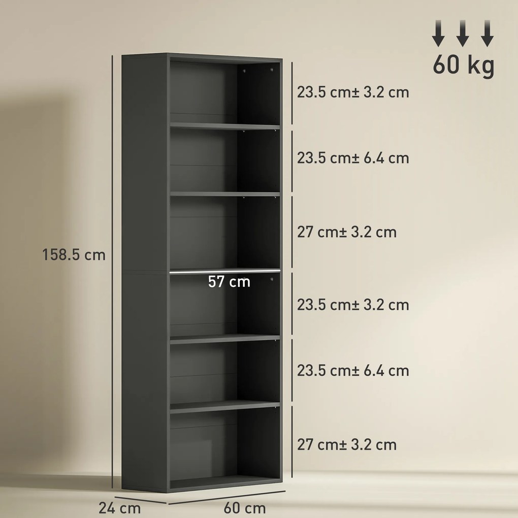 HOMCOM Bibliotecă raft de depozitare 6 niveluri cu rafturi reglabile pentru living, dormitor, birou, 60x24x158,5cm, negru | Aosom Romania