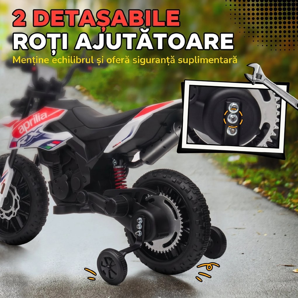 AIYAPLAY Motocicletă electrică pentru copii 12V, 37-96 luni, 2 motoare, roți ajutătoare detașabile, 30 kg, albă | Aosom Romania