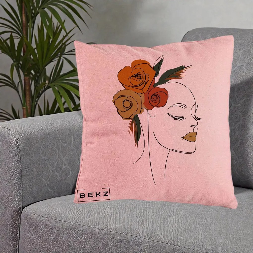 Perna Decorativa Portret Feminin Trandafiri Ruginii, 40x40 cm, Roz, Husa Detasabila, Perna Inclusa, BEKZ®