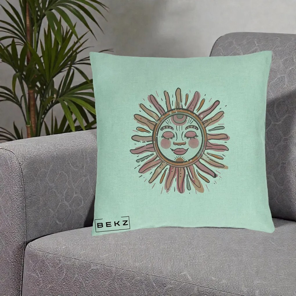 Perna Decorativa Soare Roz Tribal, 40x40 cm, Verde Menta, Husa Detasabila, Perna Inclusa, BEKZ®