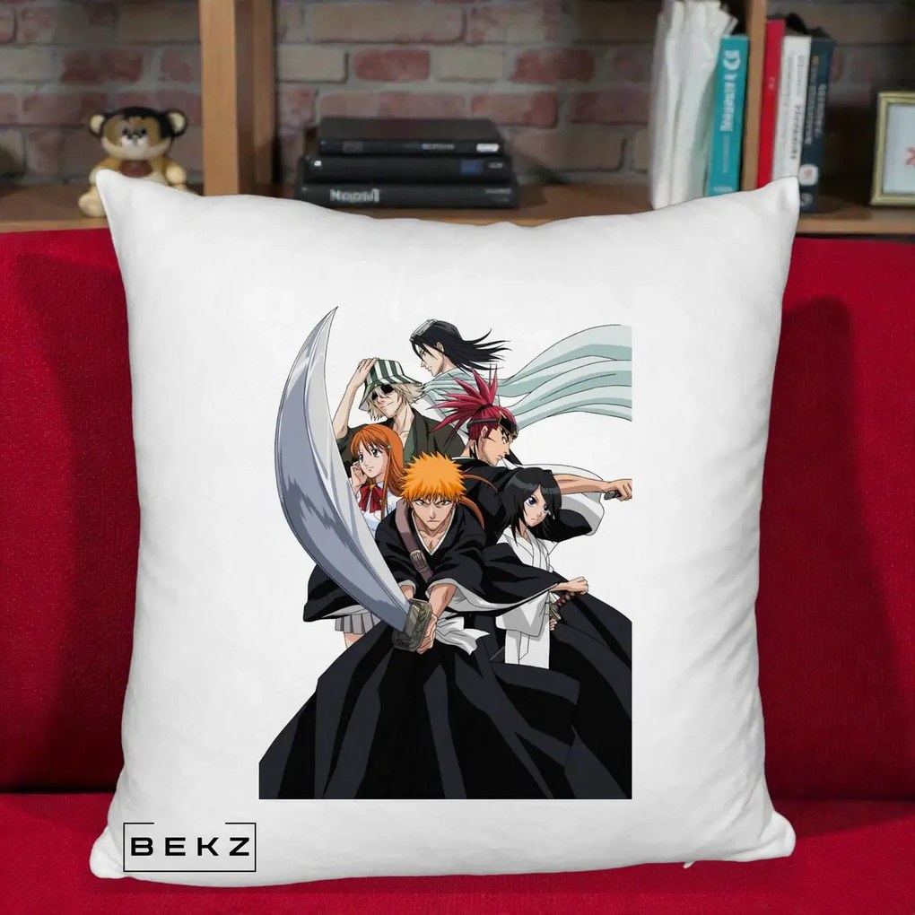 Perna Personalizata Bleach Grup Complet Ichigo si Prietenii, 40x40 cm, Alb Pufos, Husa Detasabila, Perna Inclusa, BEKZ®