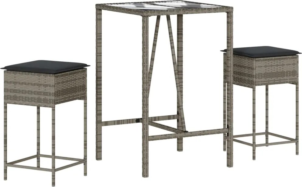 vidaXL Set mobilier bar de grădină, cu perne, 3 piese, gri, poliratan
