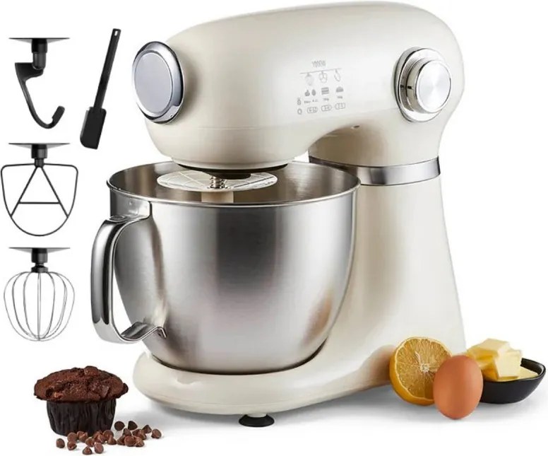 Mixer planetar Swiss Haus SH-KM2005, 1000 W, 5 l, 12 viteze, Pornire treptata, Cap rabatabil, Bol din inox, Crem