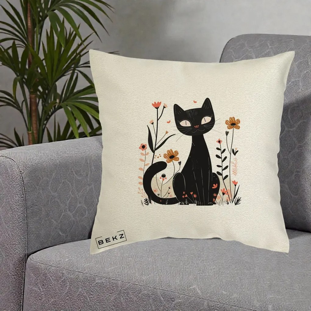 Perna Decorativa Pisica Neagra Flori Pastel Folk, 40x40 cm, Ecru, Husa Detasabila, Perna Inclusa, BEKZ®