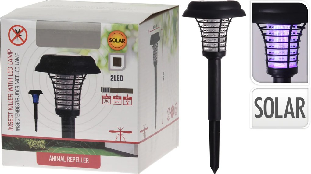 Aparat anti-insecte cu dubla functionalitate, lampa solara LED, 2 LED-uri, 1x baterie reincarcabila 1.2 v, d 14.5 cm, h 40 cm, negru