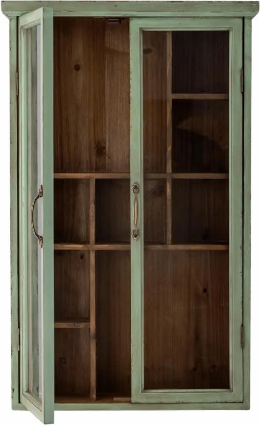 Vitrină de perete vintage din lemn masiv, verde, cu 2 uși vitrate, 6 rafturi și compartimente, finisaj antichizat, 80 x 50 x 14 cm, „Hazem”