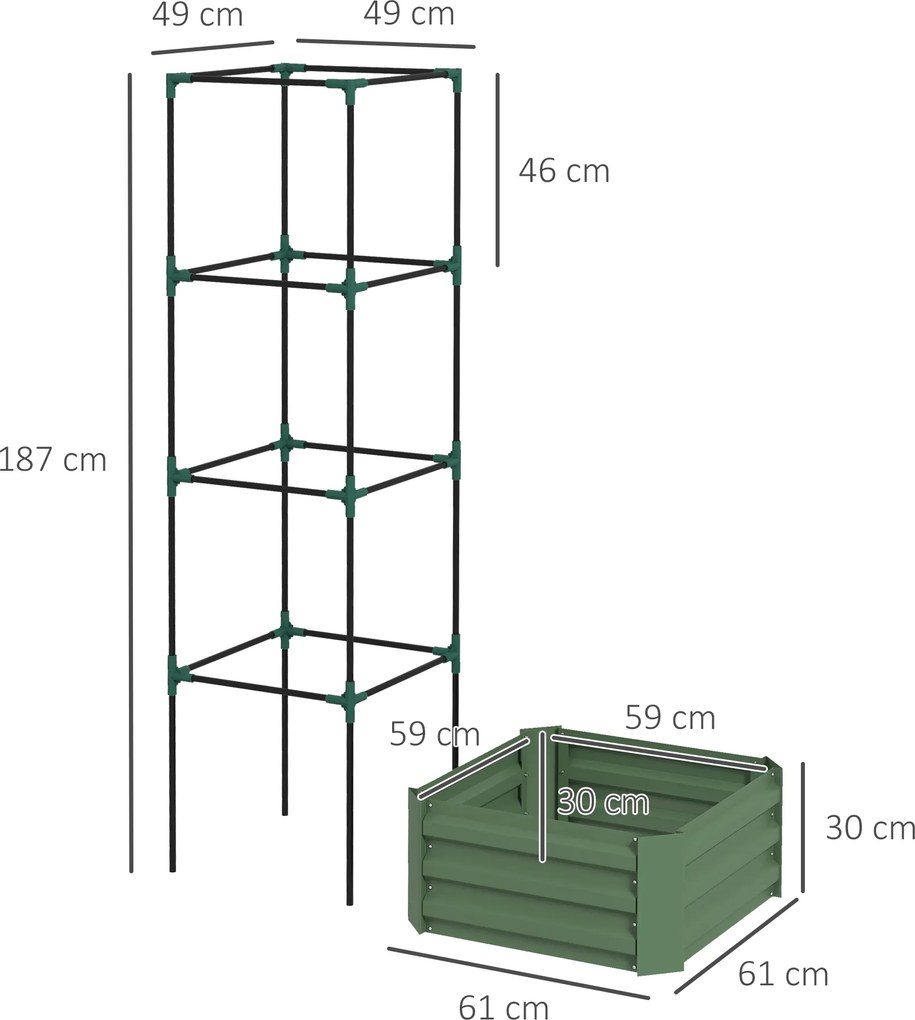 Outsunny Jardinieră cu spalier reglabil, ladă de flori cu cușcă pentru roșii din oțel galvanizat 61 x 61 x 187 cm verde | Aosom Romania